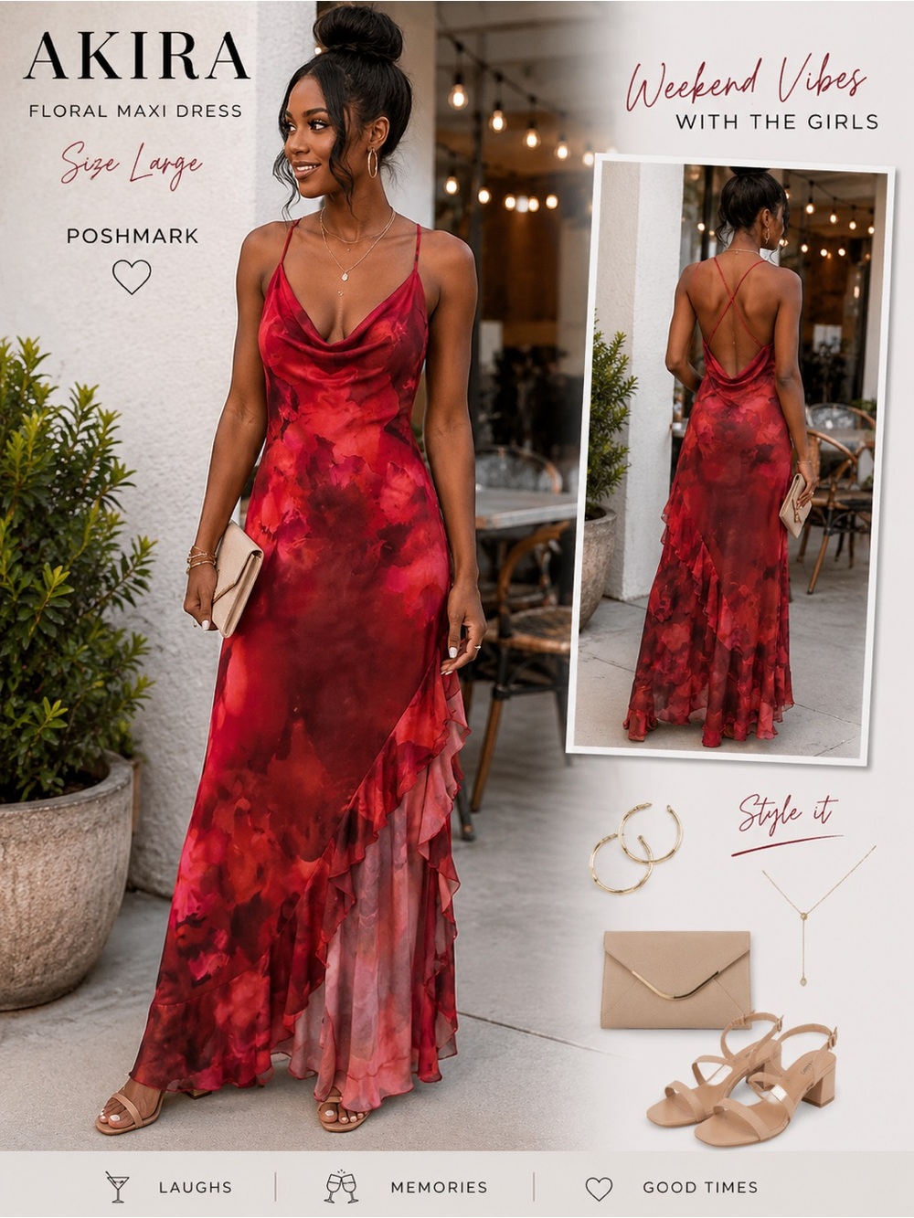 AKIRA Red Floral Cowl Neck Maxi Dress
